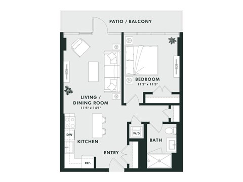 Floor plan for 1 bed, 1 bath, 675 sqft